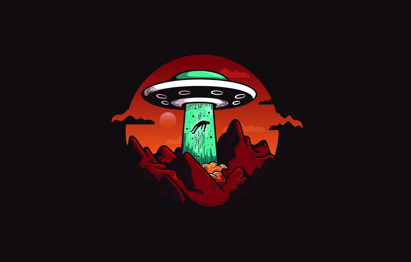 Photo wallpaper mountains, figure, graphics, people, spaceship, flying saucer
