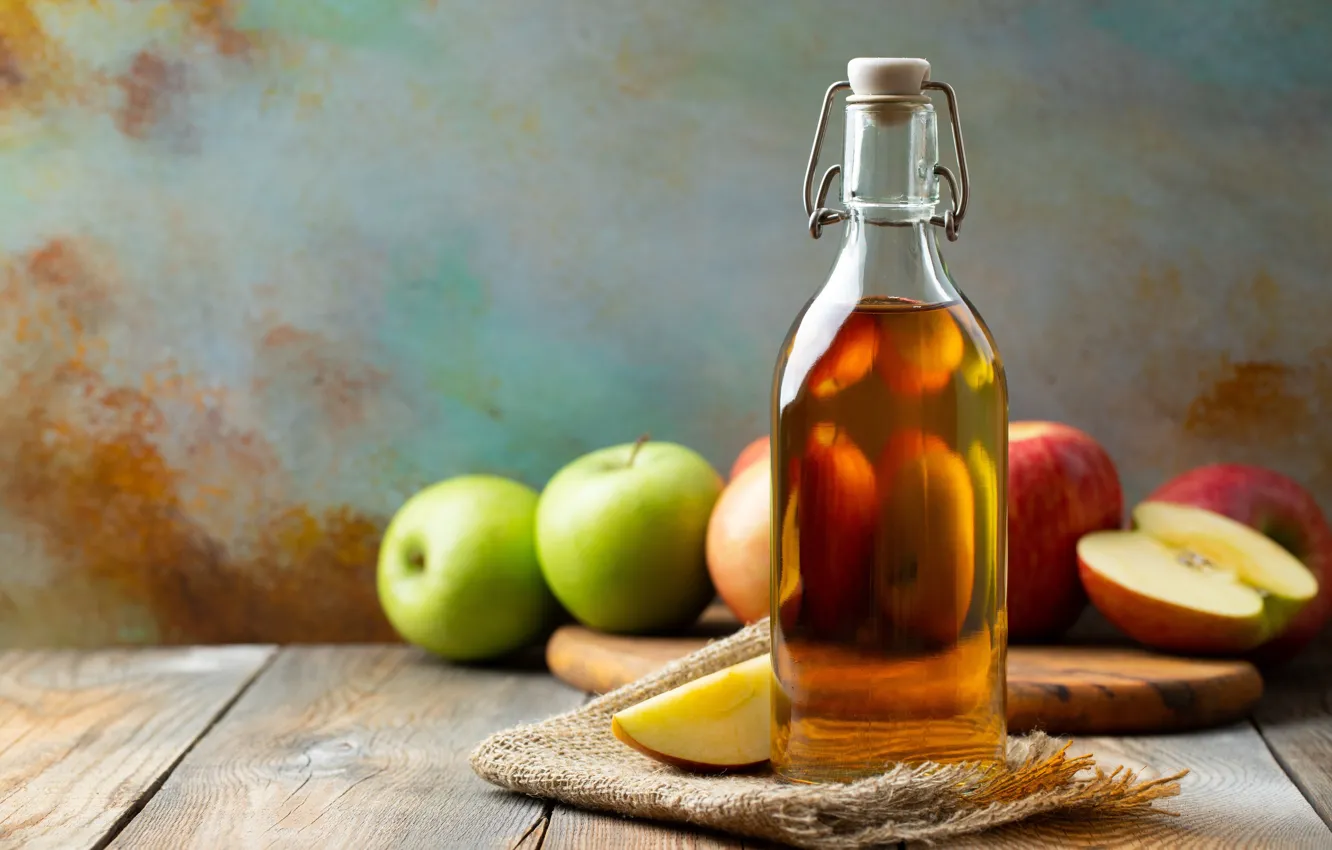 Photo wallpaper apples, bottle, apple cider vinegar