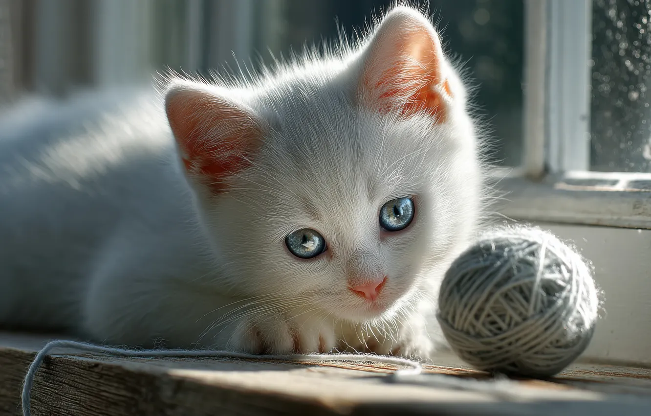 Photo wallpaper cat, white, look, light, tangle, pose, the game, shadow