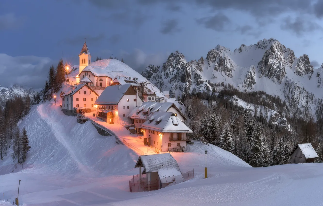 Photo wallpaper winter, snow, landscape, mountains, nature, home, the evening, lighting