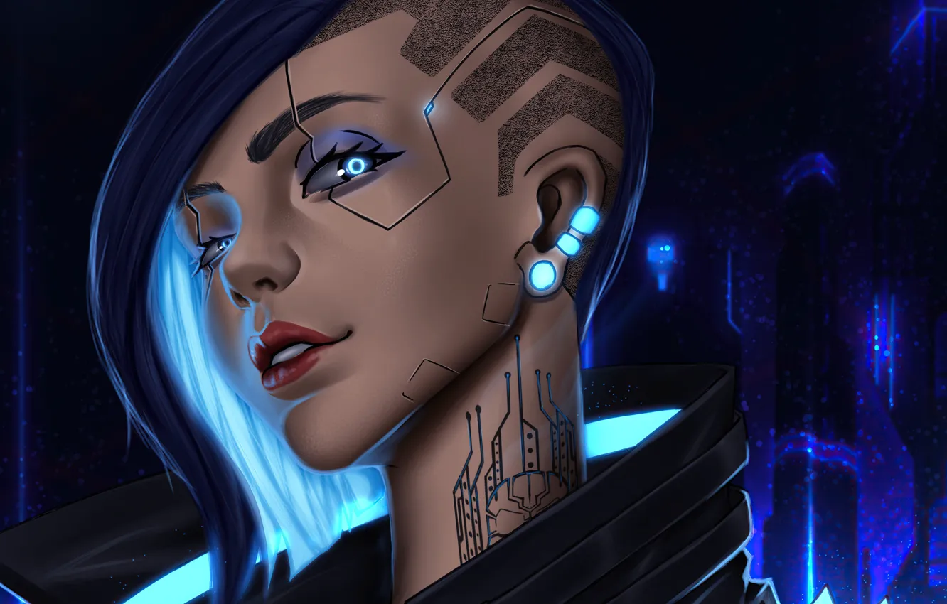 Photo wallpaper smile, the game, robot, neon, Android, game, plastic, blue eyes