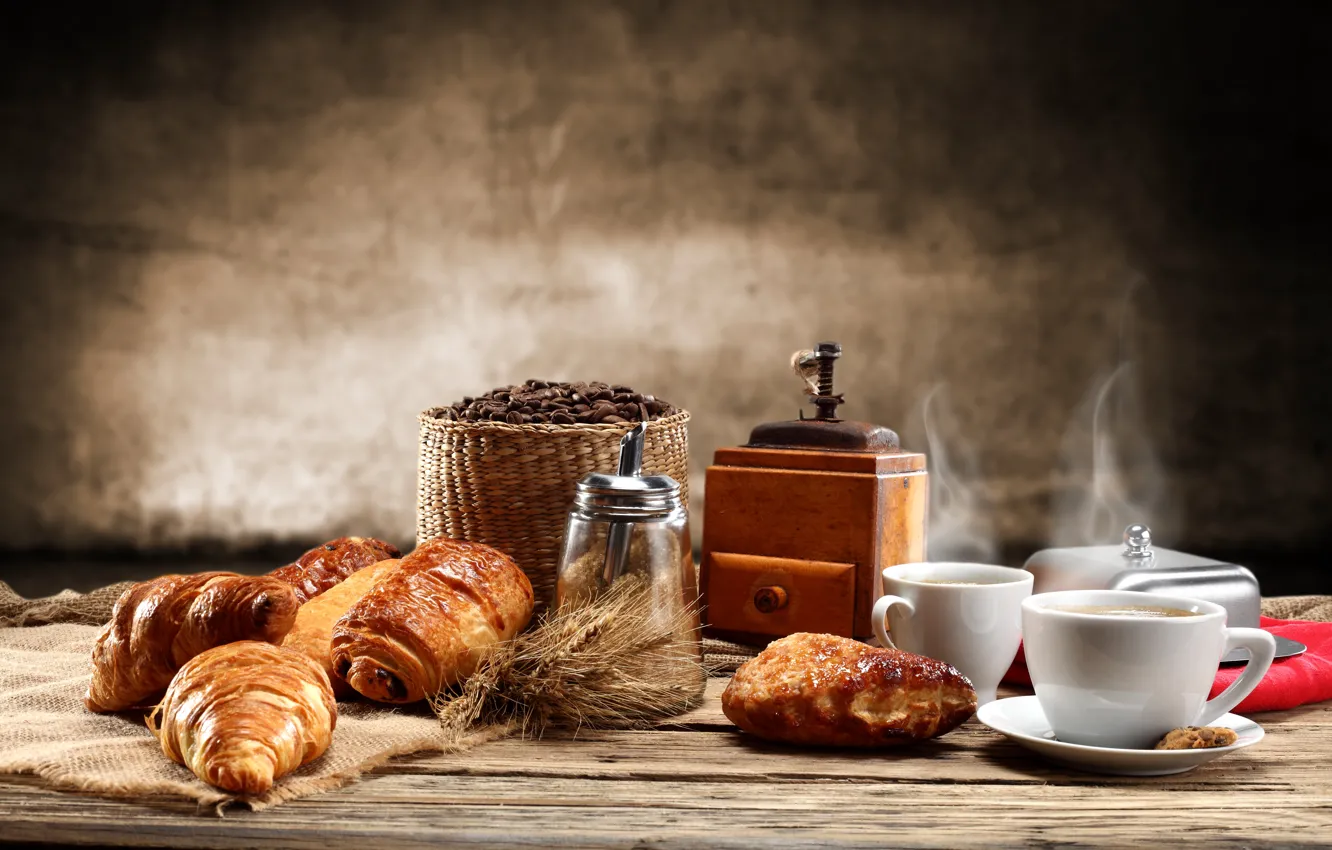 Photo wallpaper coffee, cakes, croissant
