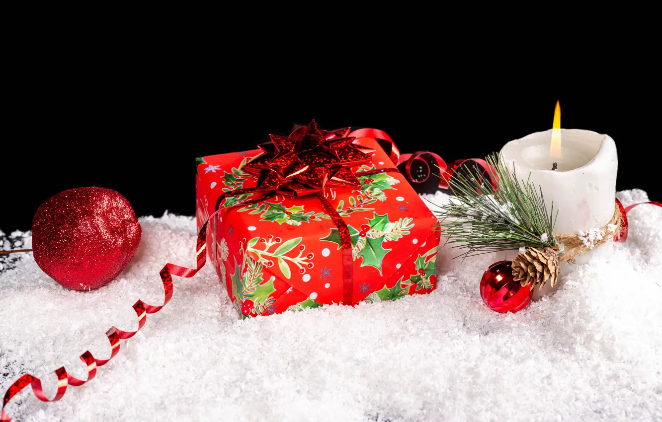 Photo wallpaper snow, fire, holiday, box, gift, toys, new year, candle