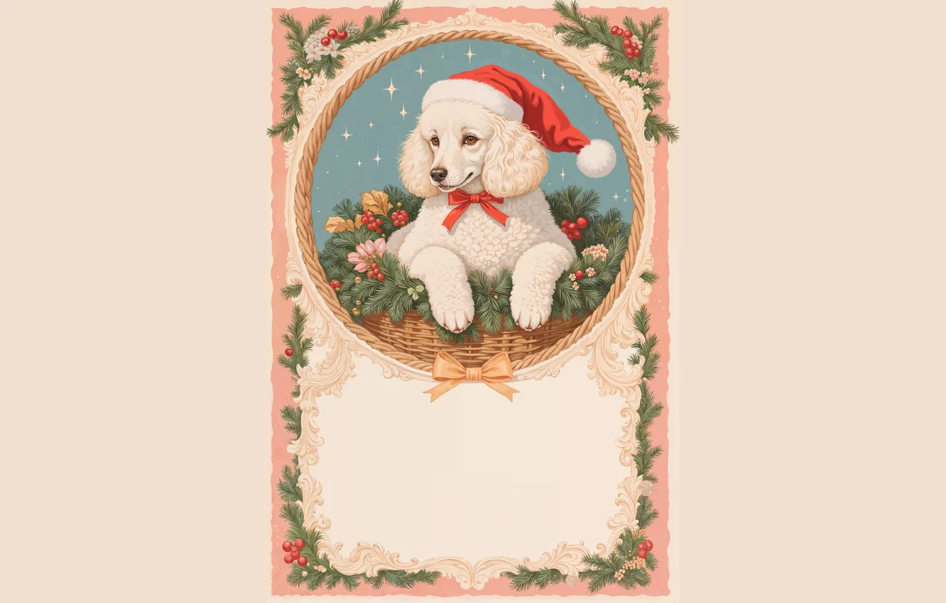 Photo wallpaper look, dog, frame, Christmas, New year, face, needles, bow