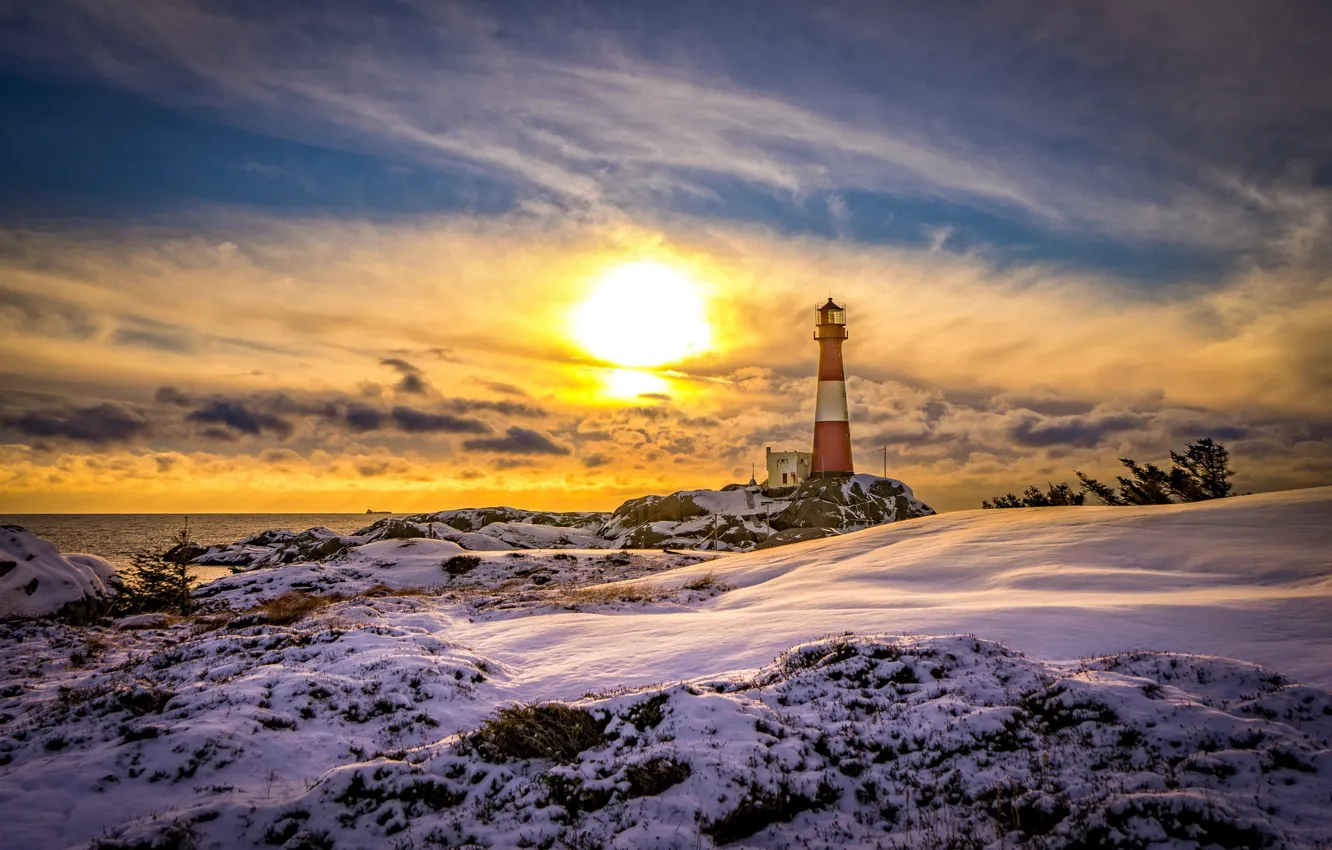 Photo wallpaper winter, sea, sunset, coast, lighthouse, Norway, Norway, lighthouse