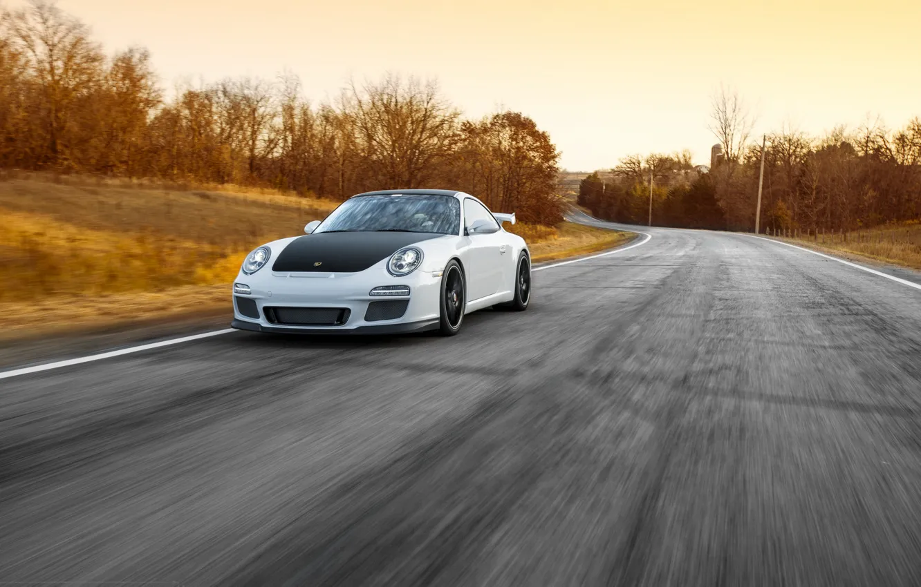 Photo wallpaper road, white, 911, Porsche, before, white, sports car, Porsche, GT3, in motion