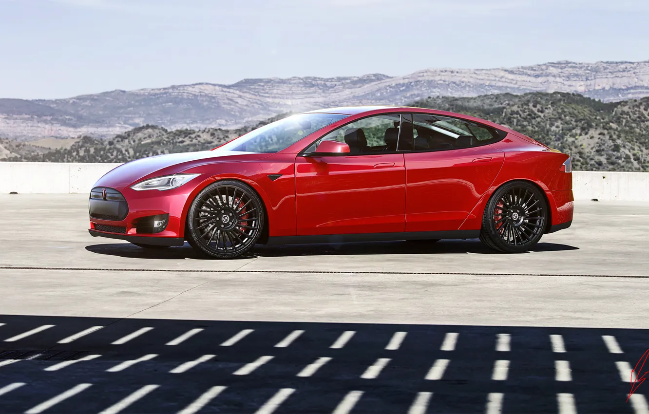 Photo wallpaper Red, Car, Sun, Tesla, Wheels, Model S, Glare