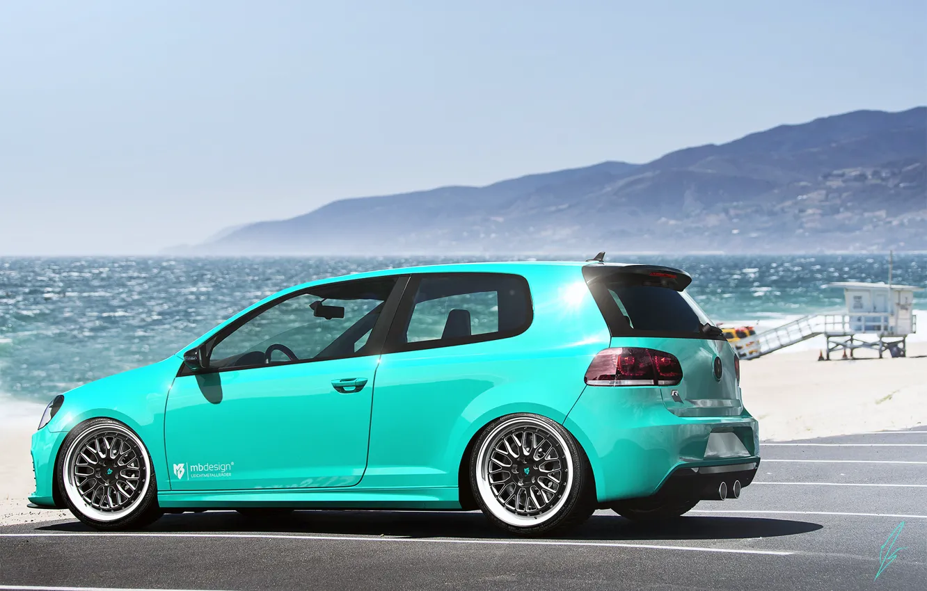 Photo wallpaper Volkswagen, Sky, Blue, Beach, Mountain, Golf, Sea, Rear