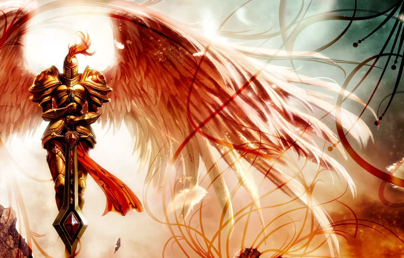 Photo wallpaper Red, Angel, Sword, Helmet, Wings, cloak, Armor, Armor
