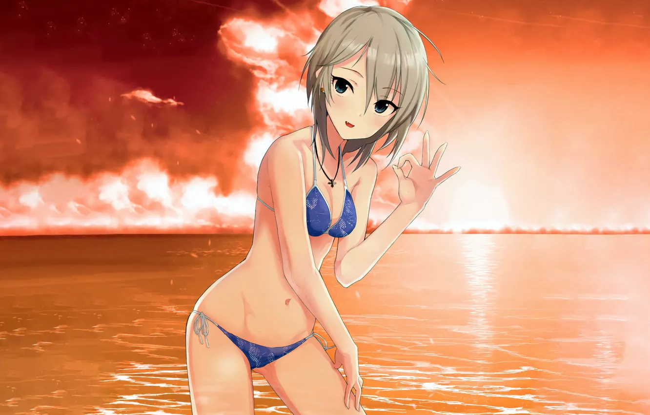 Photo wallpaper girl, sexy, Anastasia, cleavage, sea, boobs, anime, blue eyes