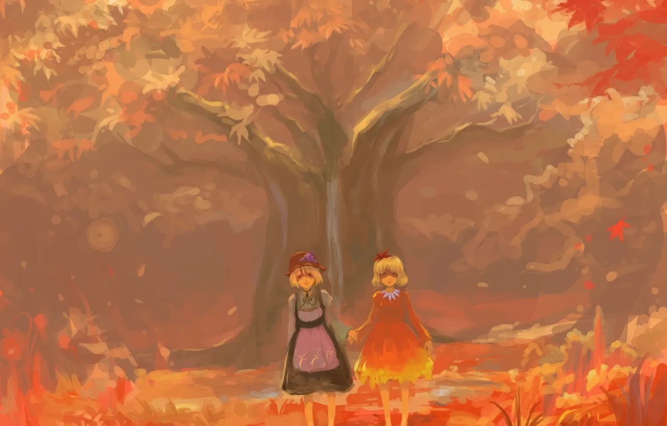 Photo wallpaper leaves, girl, trees, hat, art, bow, touhou, shizuka flux