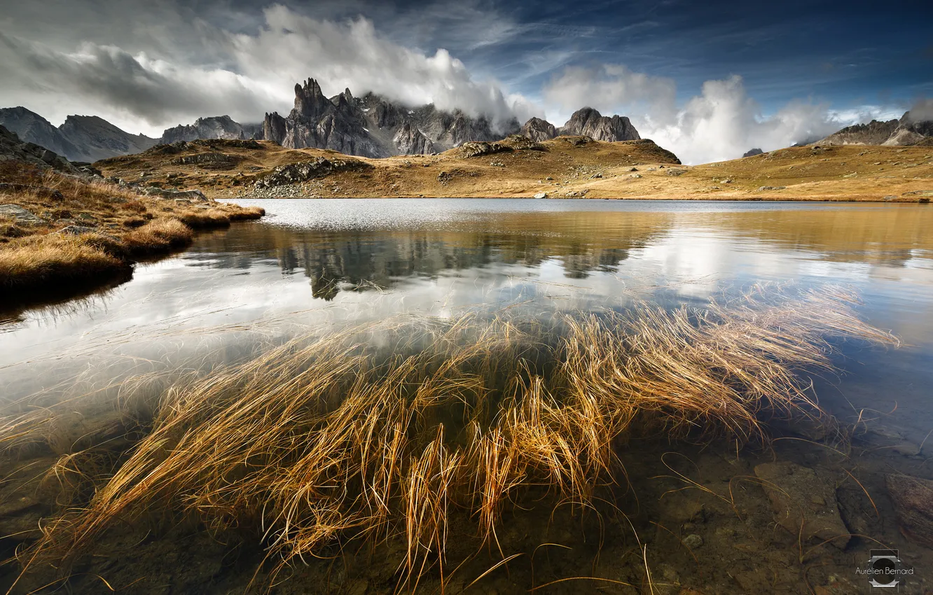 Photo wallpaper grass, water, clouds, mountains, lake, stones, rocks, Alps