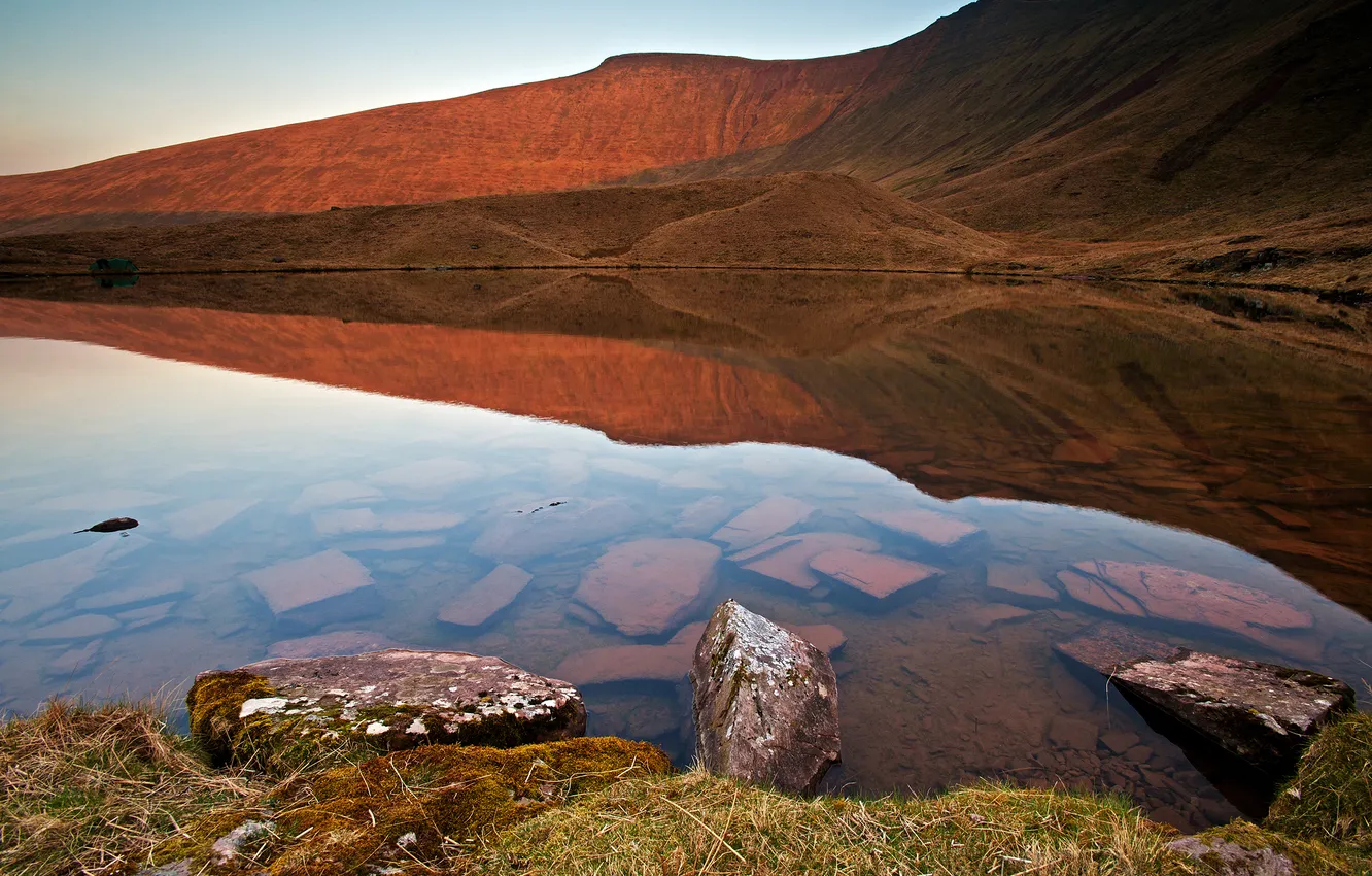 Photo wallpaper transparency, mountains, nature, lake, reflection, stones
