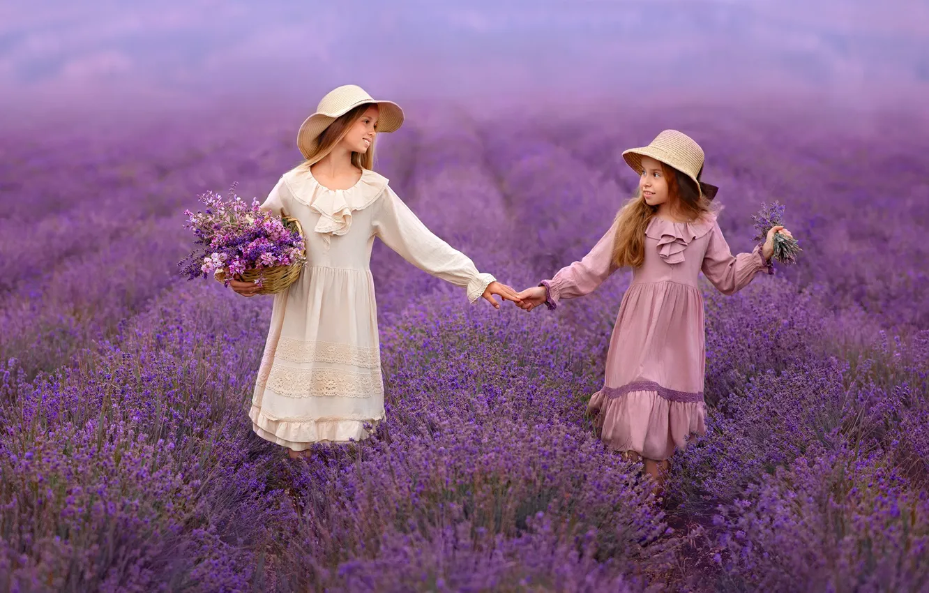 Photo wallpaper flowers, friendship, girl, lavender