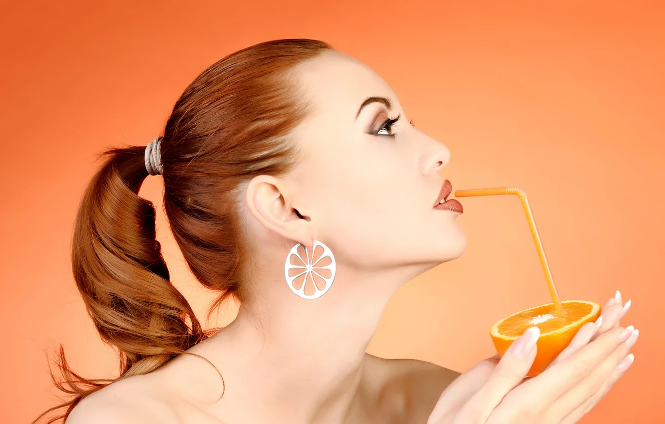 Photo wallpaper girl, orange, lips, red, tube