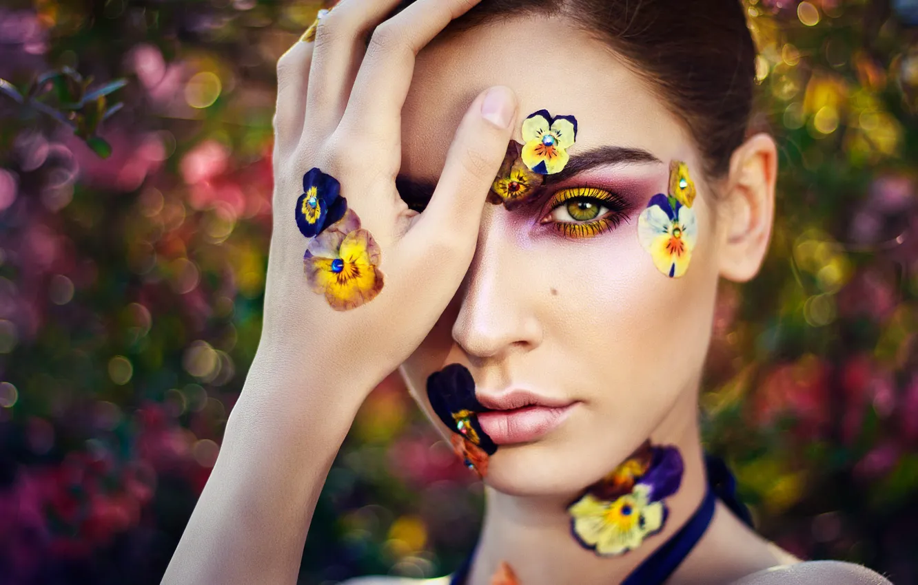 Photo wallpaper purple, summer, look, girl, flowers, close-up, yellow, nature
