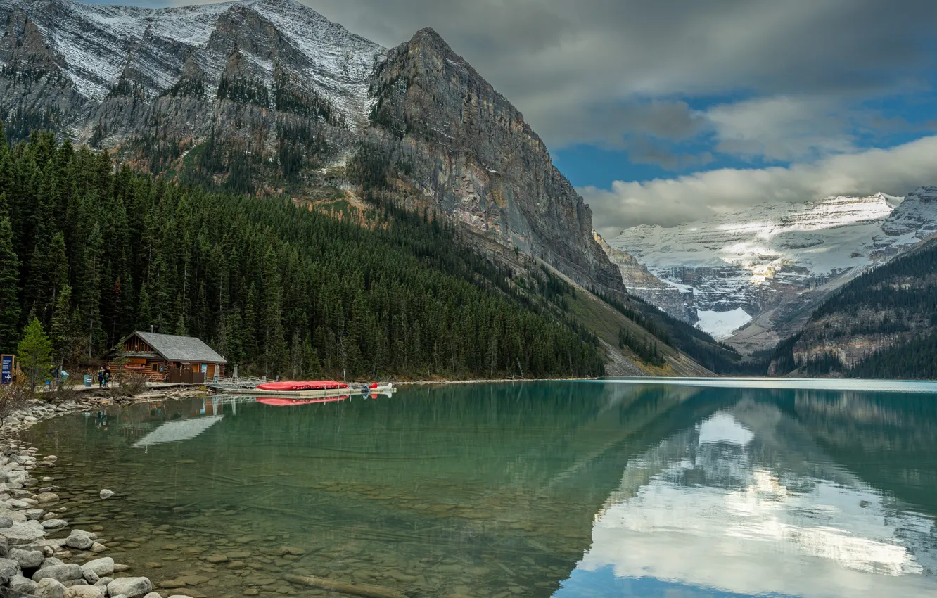Photo wallpaper forest, mountains, house, pond