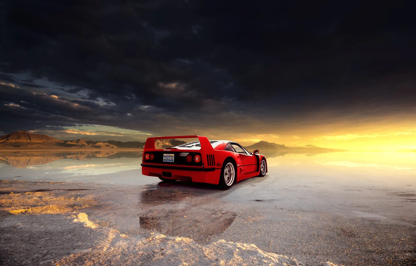 Photo wallpaper Ferrari, sky, sunset, clouds, Utah, Ferrari F40, Bonneville Salt Flats, salt lake