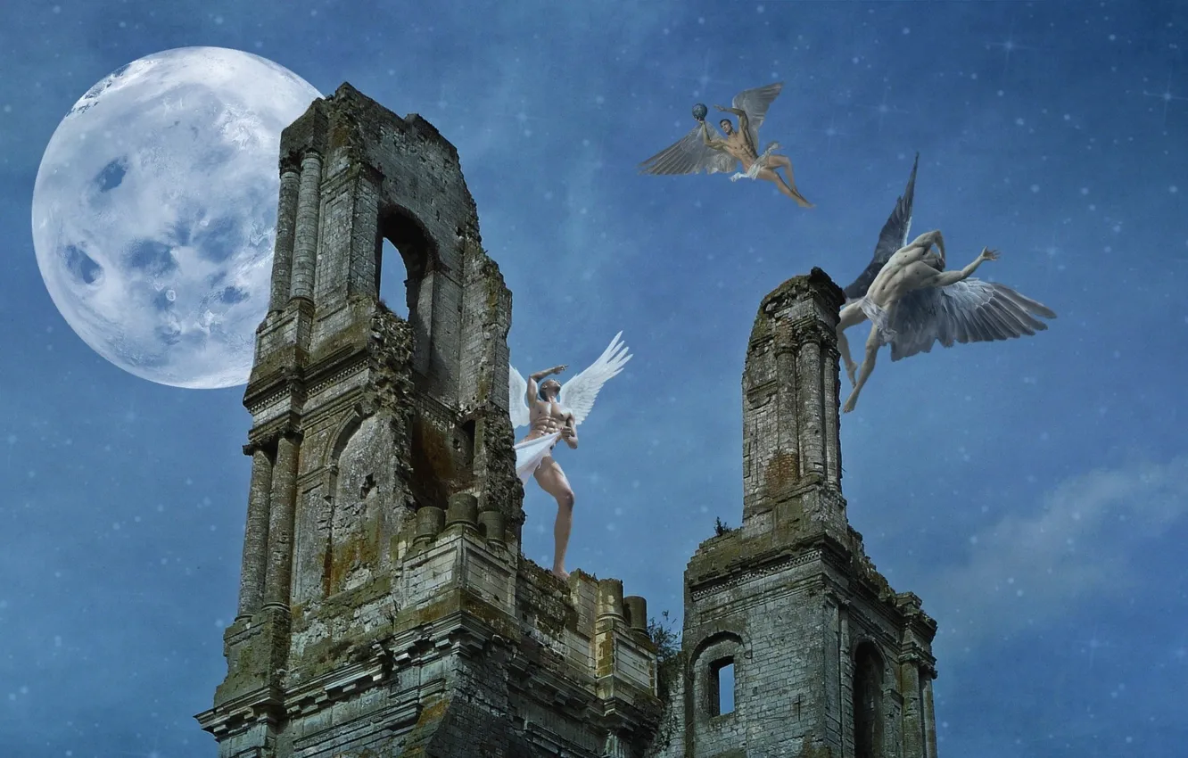 Photo wallpaper castle, the moon, angels, photoart