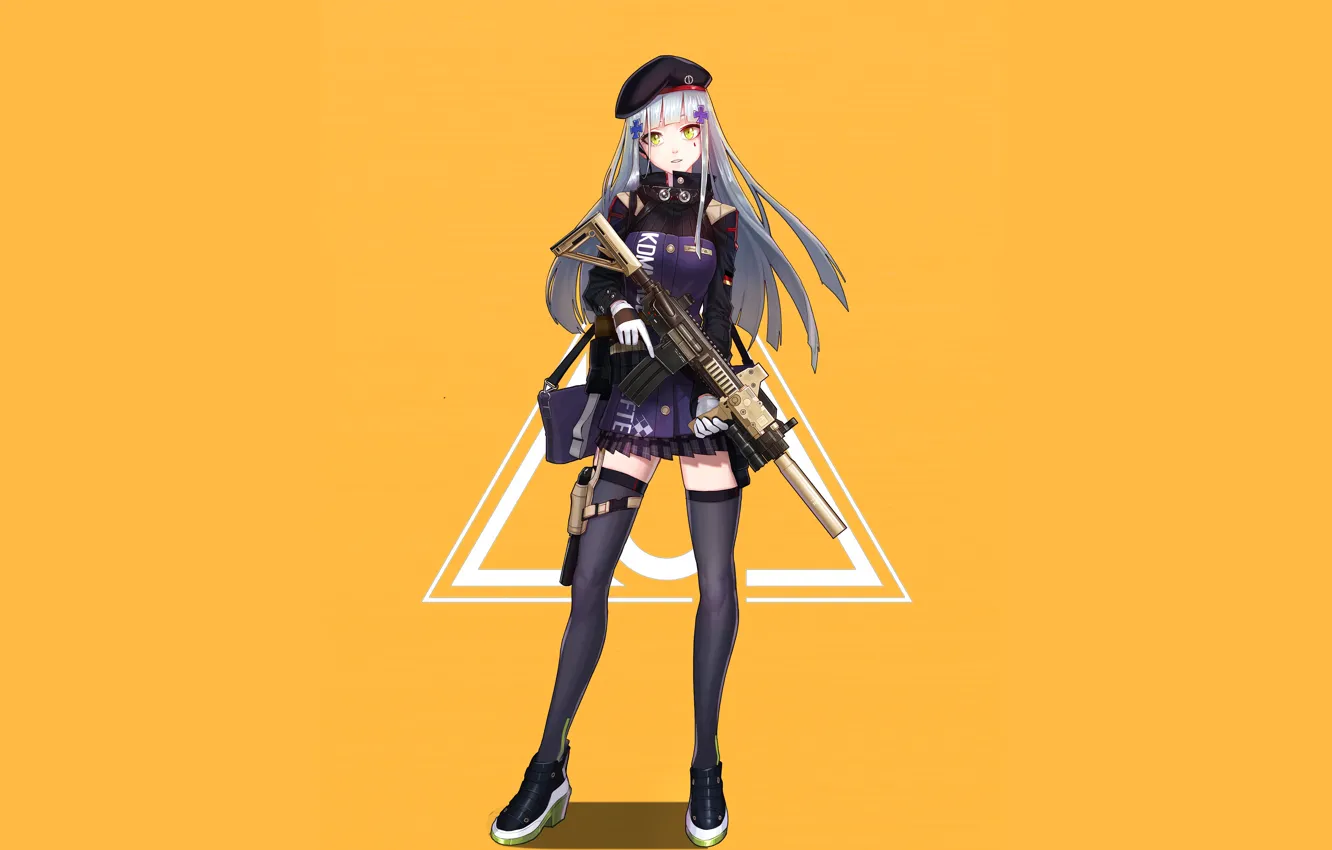 Photo wallpaper girl, weapons, anime, art, yellow background, Girls Frontline, Girls front