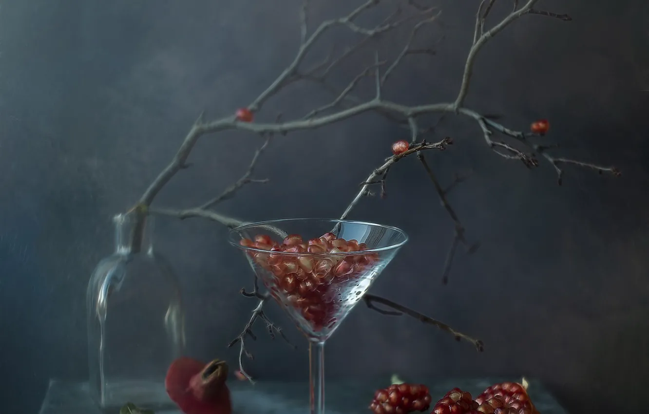 Photo wallpaper bottle, table, glass, glass, grey background, pomegranate grains, still life, branches
