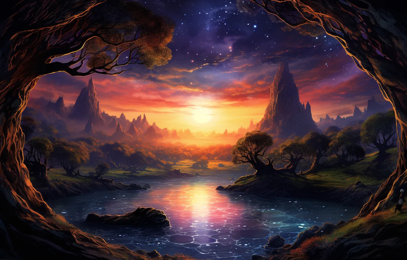 Photo wallpaper the sun, trees, sunset, mountains, fog, rocks, shore, dal