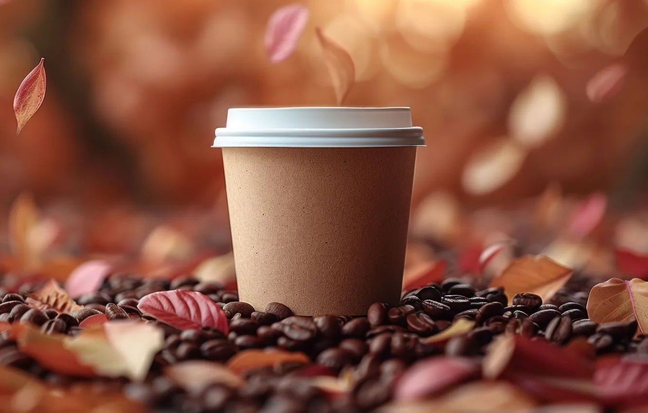 Photo wallpaper autumn, leaves, glass, table, coffee, coffee beans, bokeh, AI art