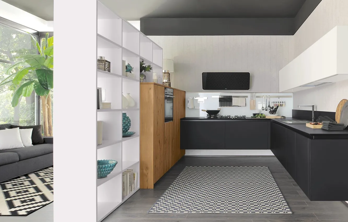 Photo wallpaper design, interior, kitchen, sofa, living room