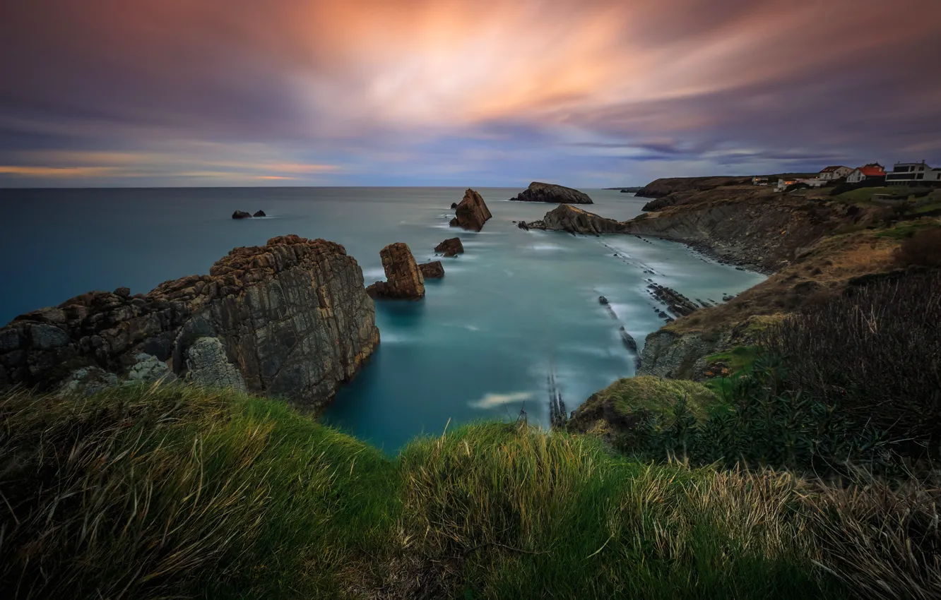 Photo wallpaper sea, the sky, grass, clouds, stones, overcast, rocks, shore
