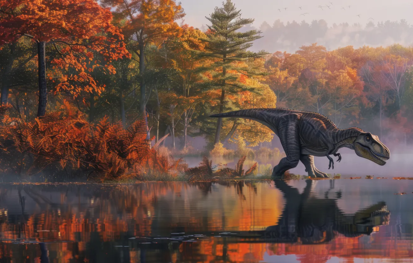 Photo wallpaper trees, lake, reflection, animal, dinosaur, predator, Tyrannosaurus, digital art