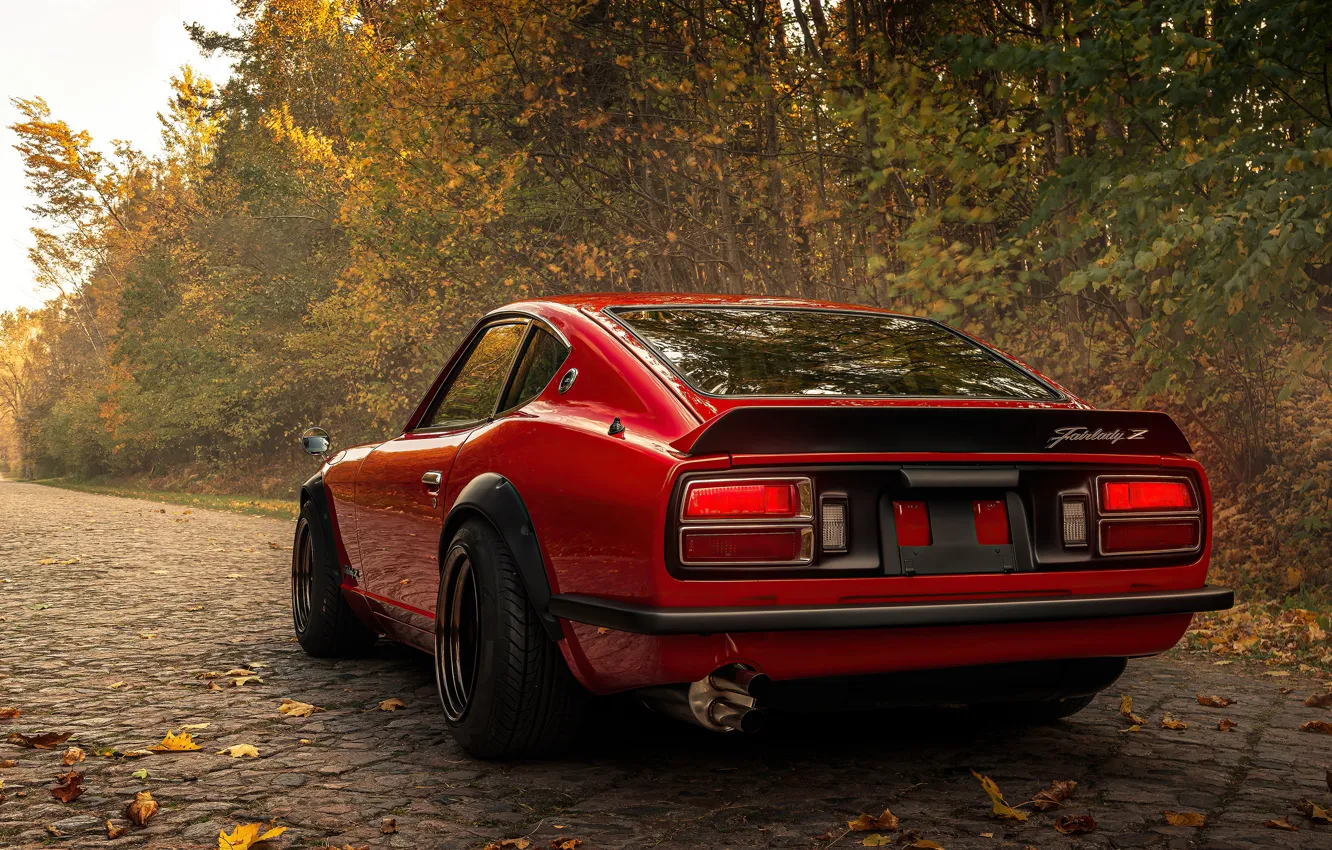 Photo wallpaper Nissan, Red, Datsun, Autumn, Road, Forest, Rear, Fairlady Z