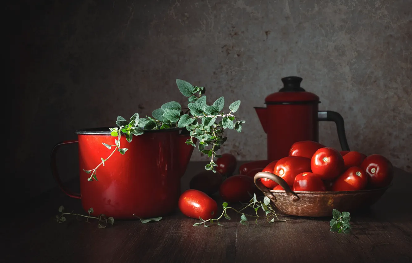 Photo wallpaper light, red, table, kettle, mug, dishes, still life, tomatoes
