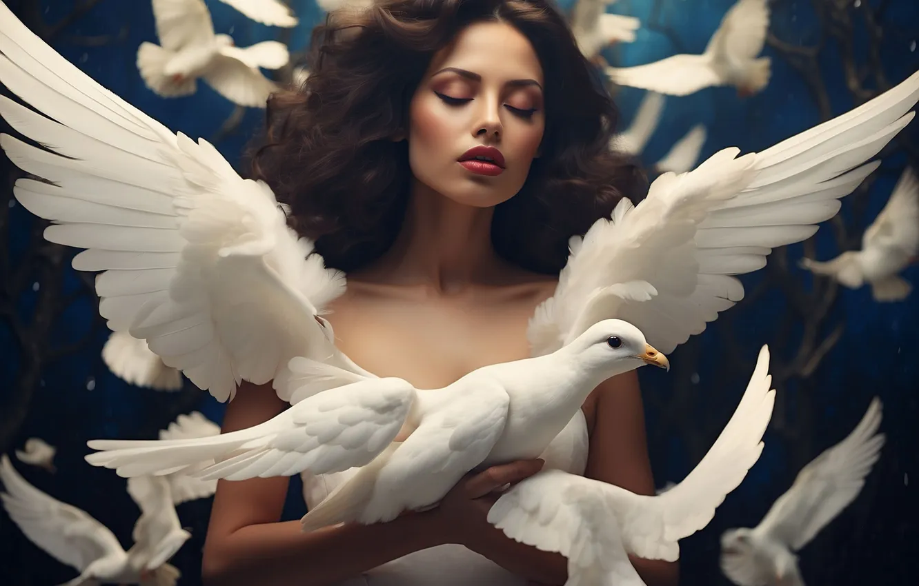 Photo wallpaper bird, brunette, pigeons