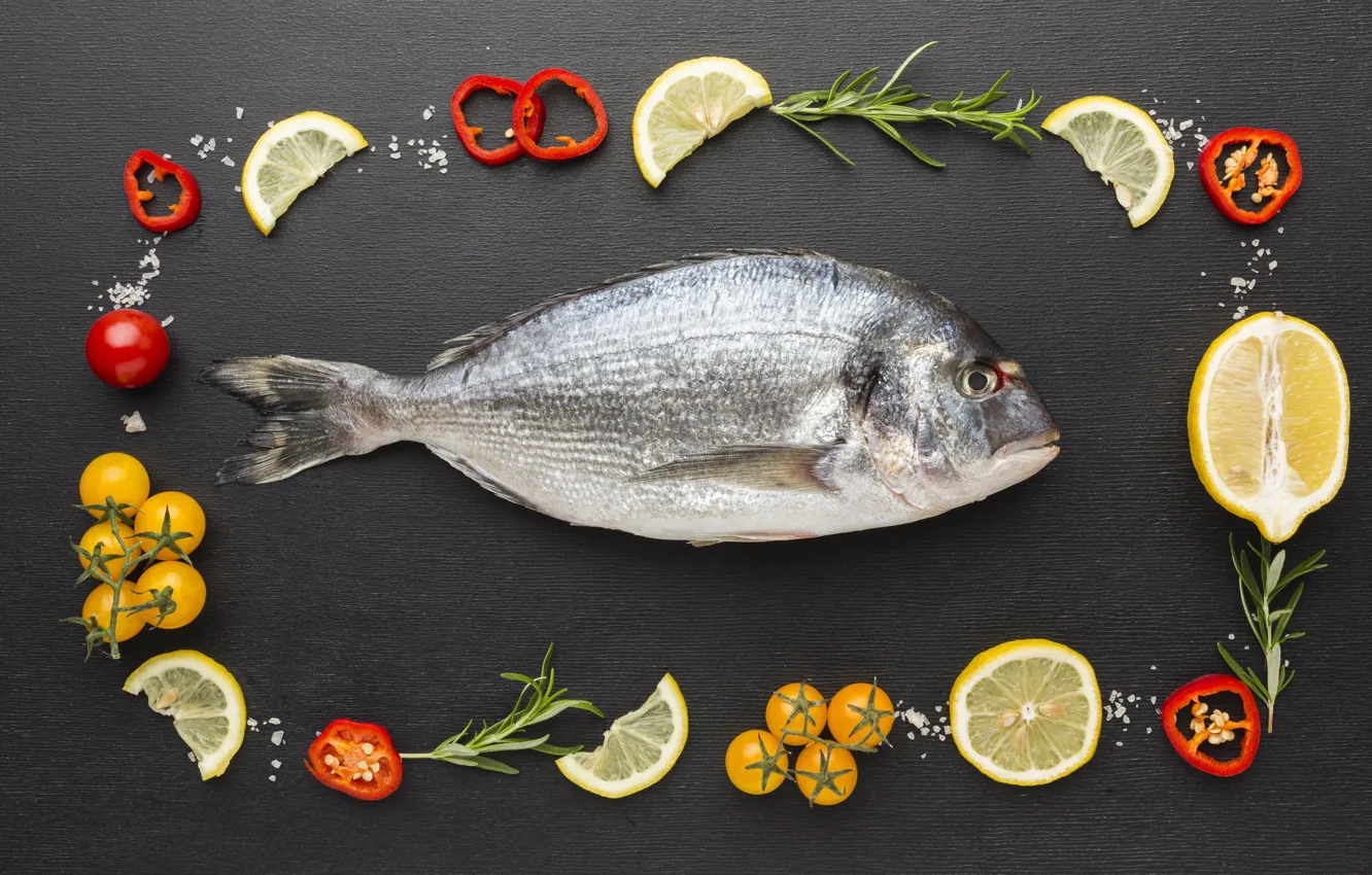 Photo wallpaper table, fish, vegetables