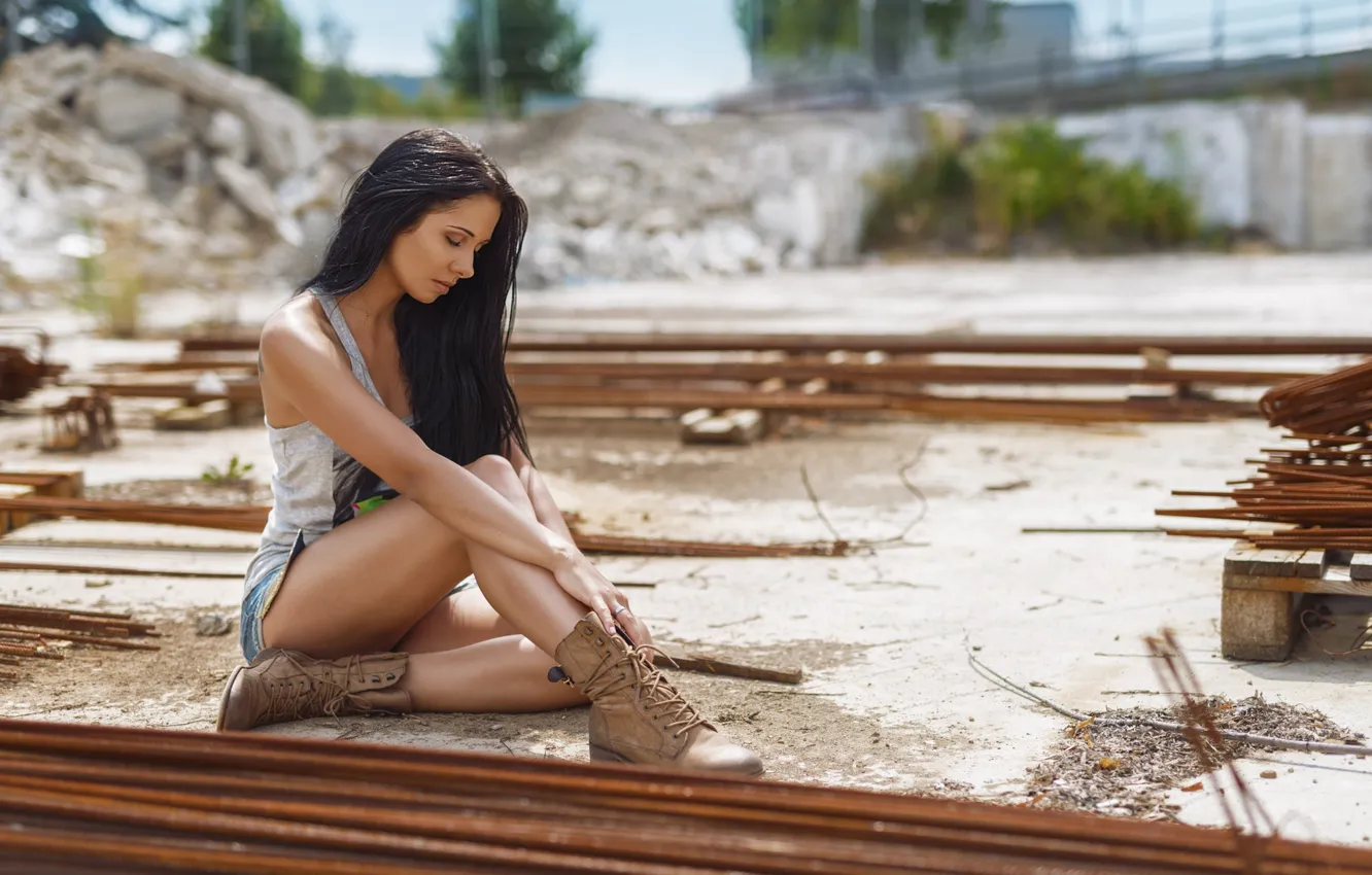 Photo wallpaper girl, pose, hair, boots, brunette, legs, beauty, Sаndor Nagy