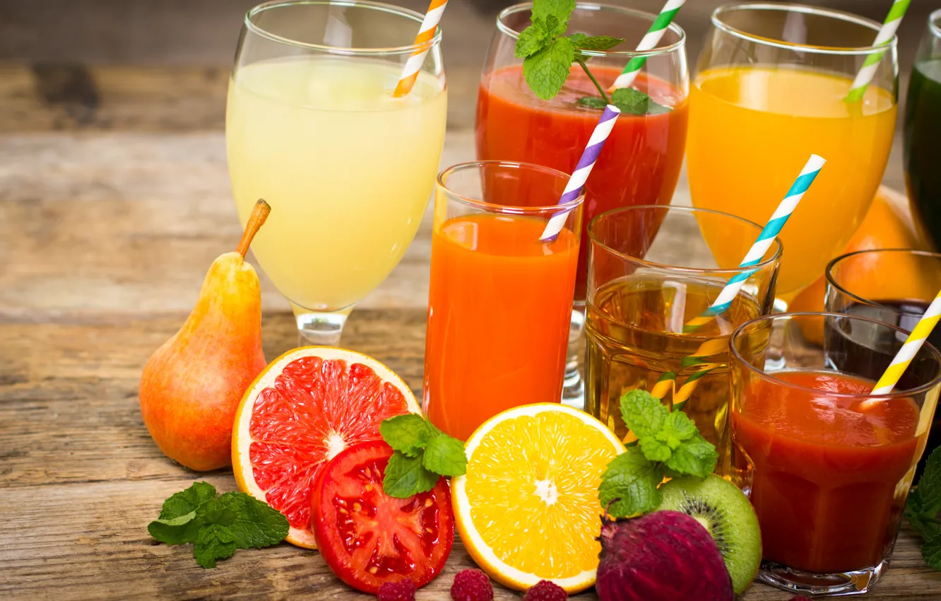 Photo wallpaper glass, raspberry, orange, kiwi, juice, drink, fruit, tomatoes