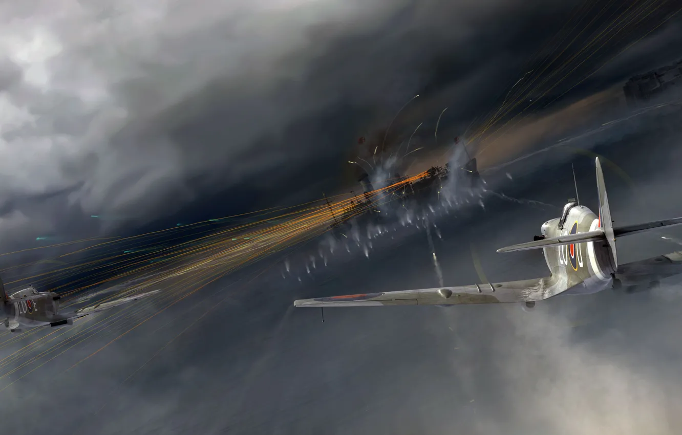 Photo wallpaper attack, ship, Spitfire, link, RAF, RAF, The second World war