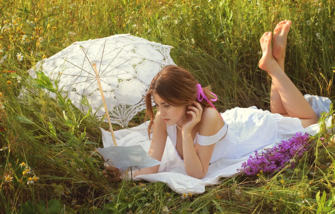 Photo wallpaper field, summer, grass, girl, flowers, nature, umbrella, brown hair