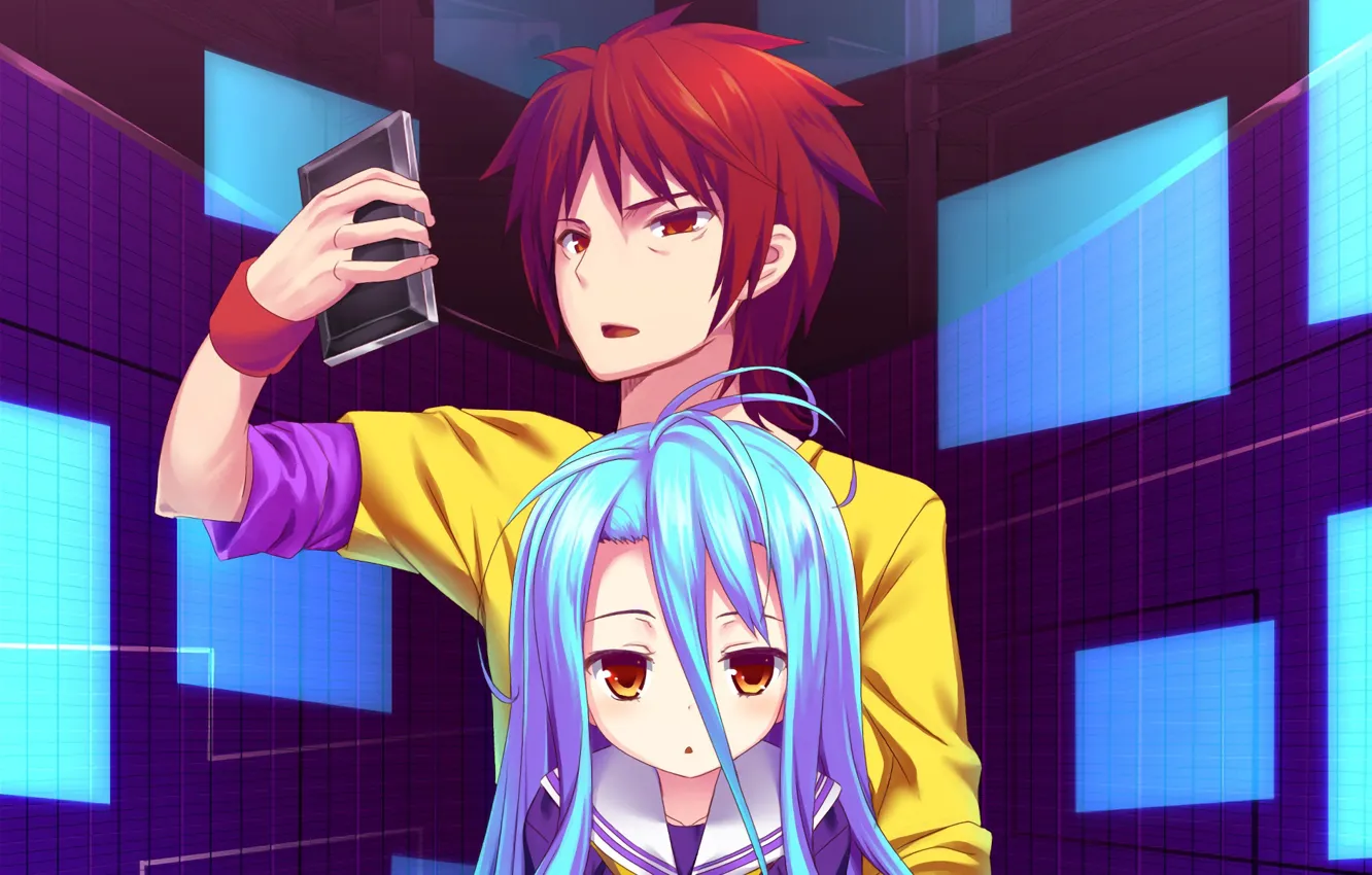 Photo wallpaper anime, art, girl, guy, two, smartphone, No Game No Life, No Game No Life