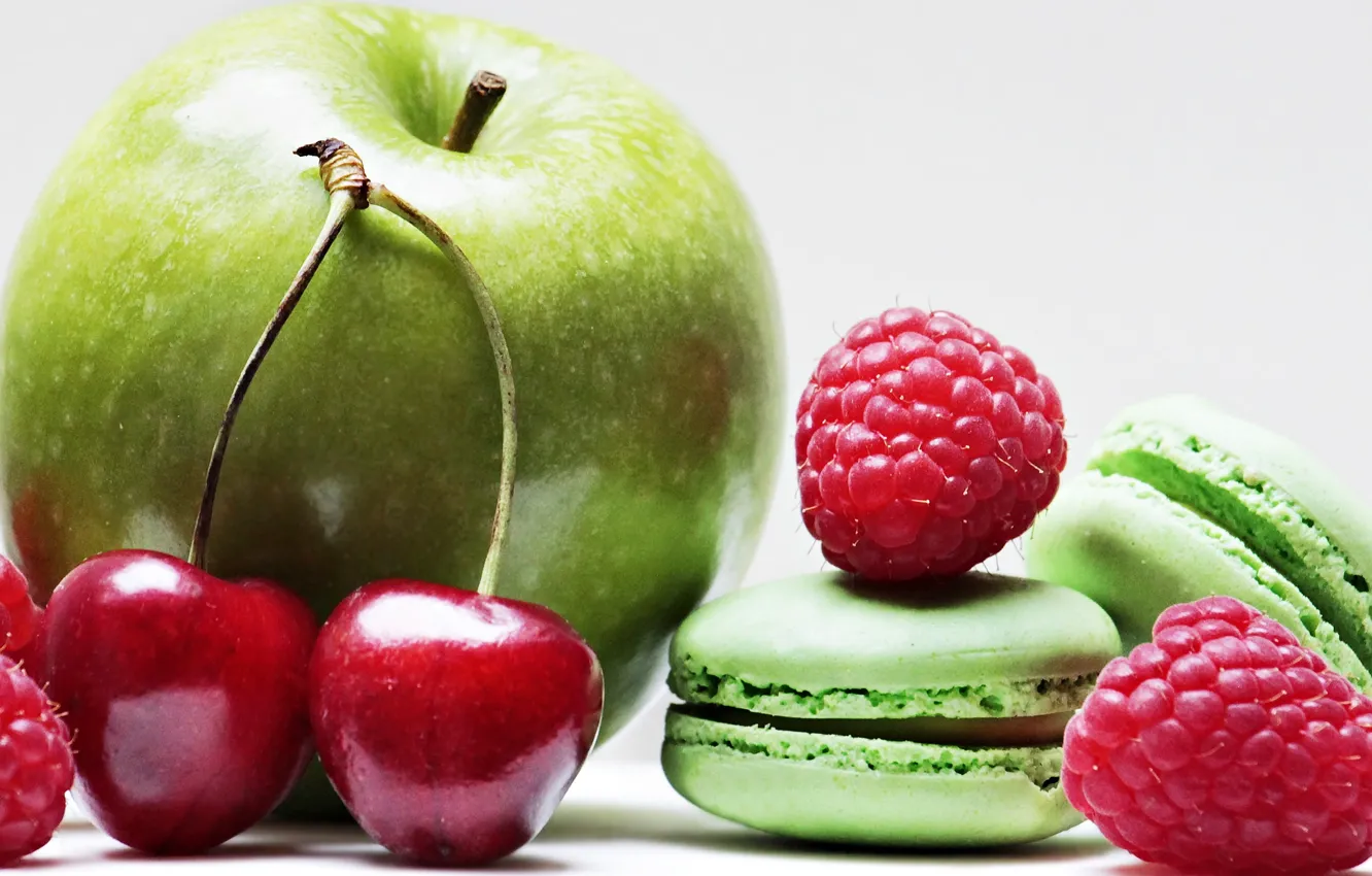 Photo wallpaper cherry, raspberry, apples, apple, macarons