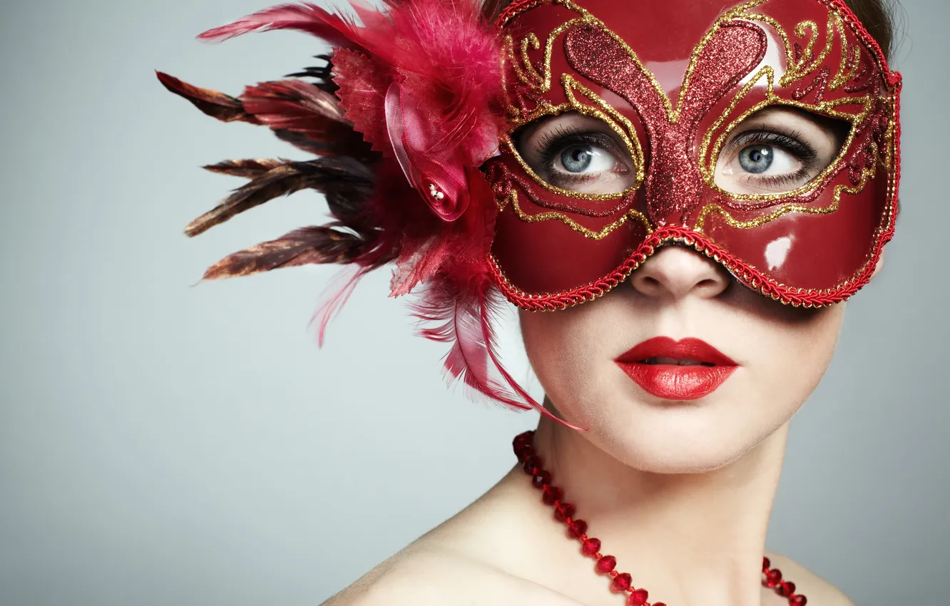 Photo wallpaper girl, red, feathers, makeup, sequins, brunette, mask, beads