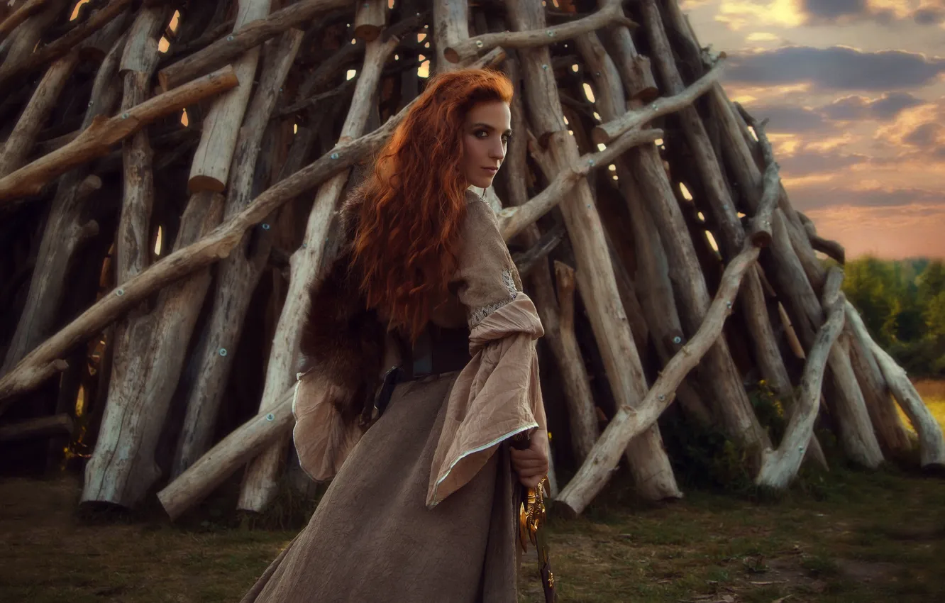 Photo wallpaper girl, sword, red