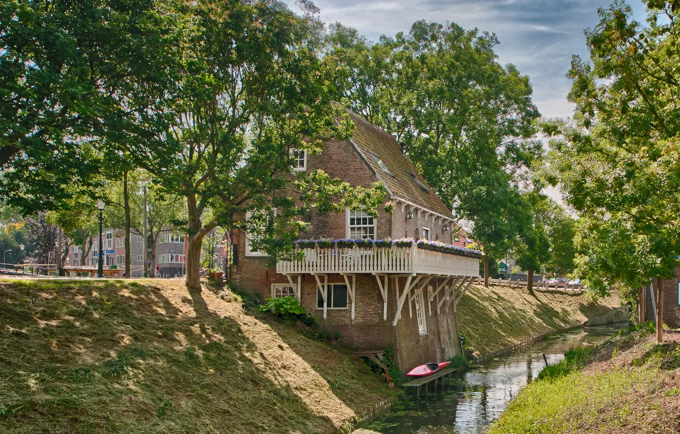 Photo wallpaper trees, boat, home, channel