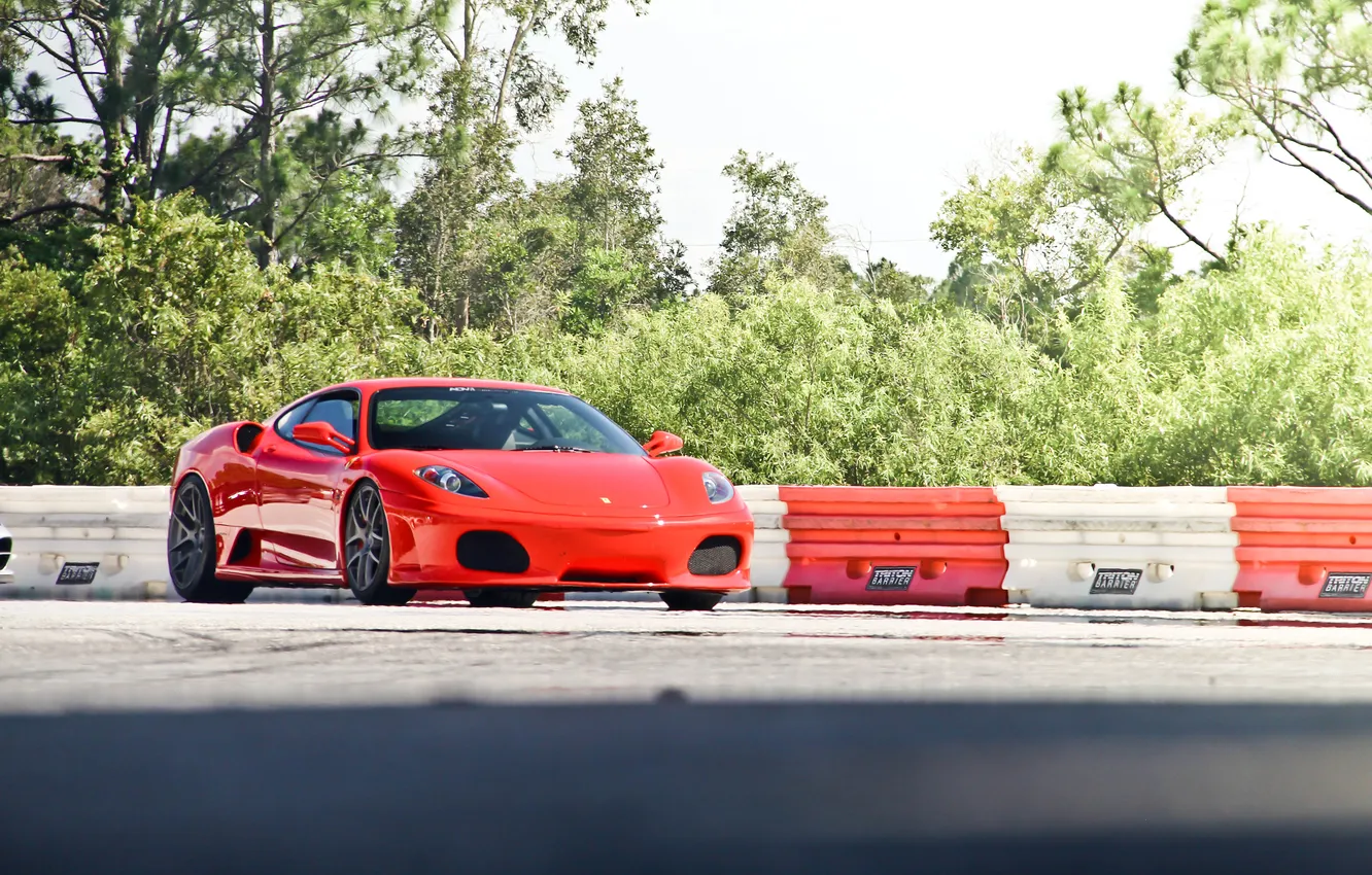 Photo wallpaper trees, red, the fence, red, ferrari, Ferrari, front view, f430