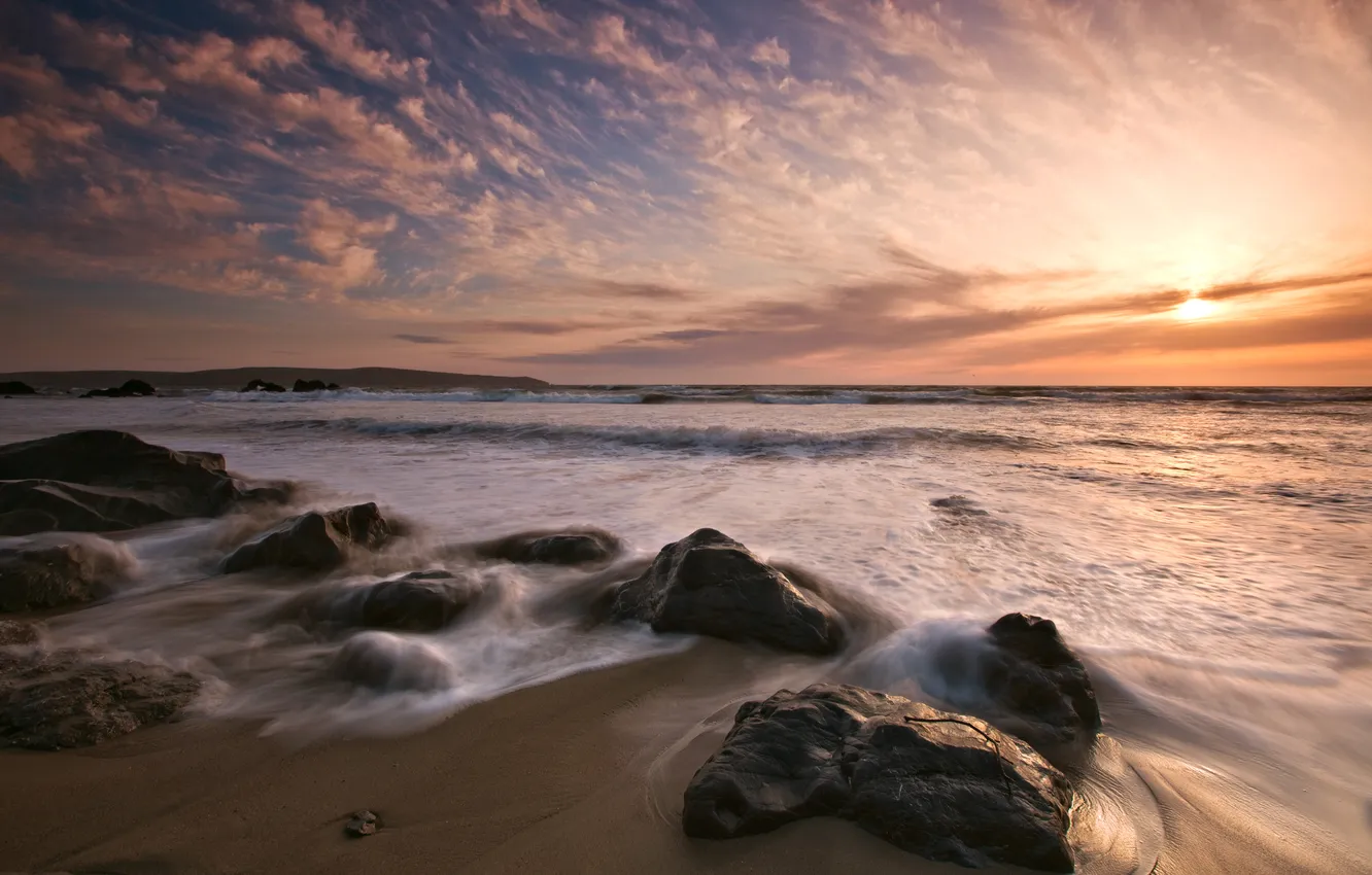 Photo wallpaper sea, wave, beach, the sky, stones, the ocean