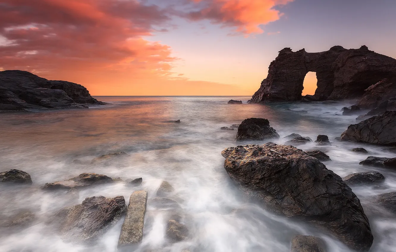 Photo wallpaper sea, landscape, sunset, rocks