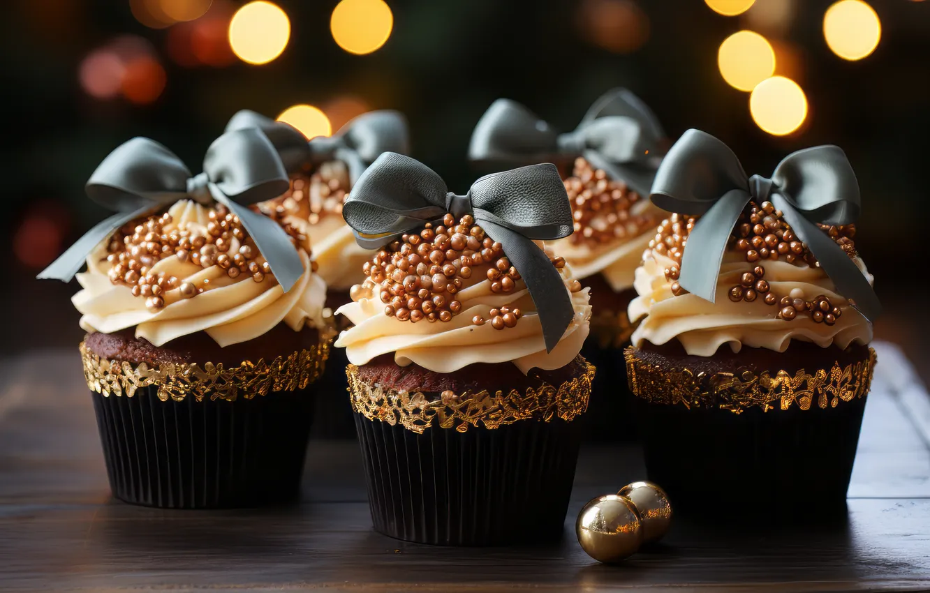 Photo wallpaper decoration, new year, Christmas, cake, Christmas, bow, bokeh, cupcakes
