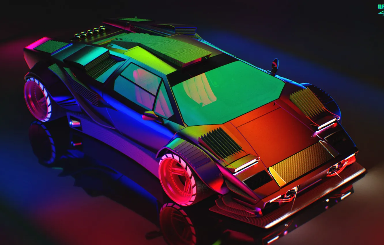Photo wallpaper car, machine, auto, reflection, chameleon, rendering, neon, Lamborghini
