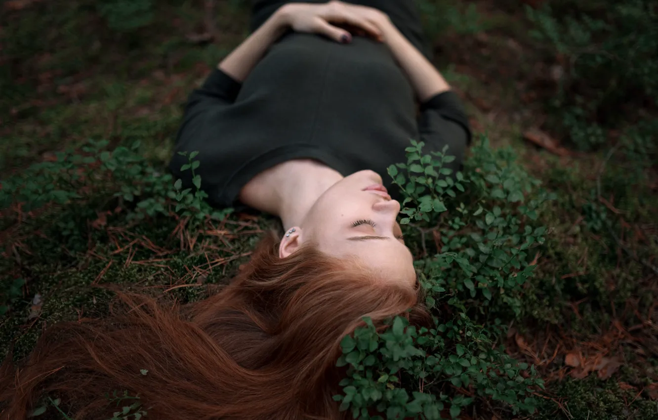 Photo wallpaper black dress, hands, lies, long-haired, the situation, nature, Alexander Kurennoy, face