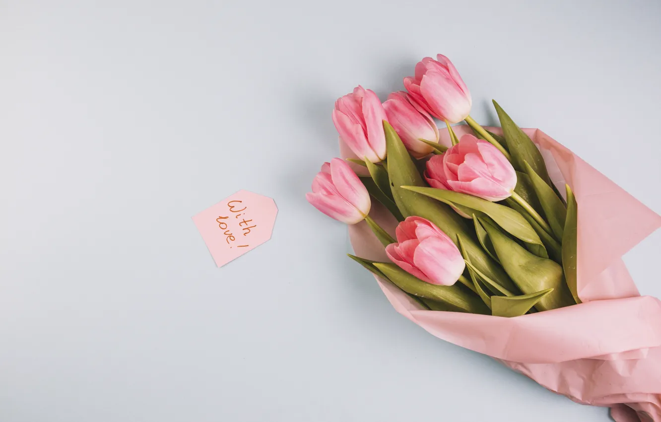 Photo wallpaper flowers, bouquet, tulips, love, pink, fresh, wood, pink